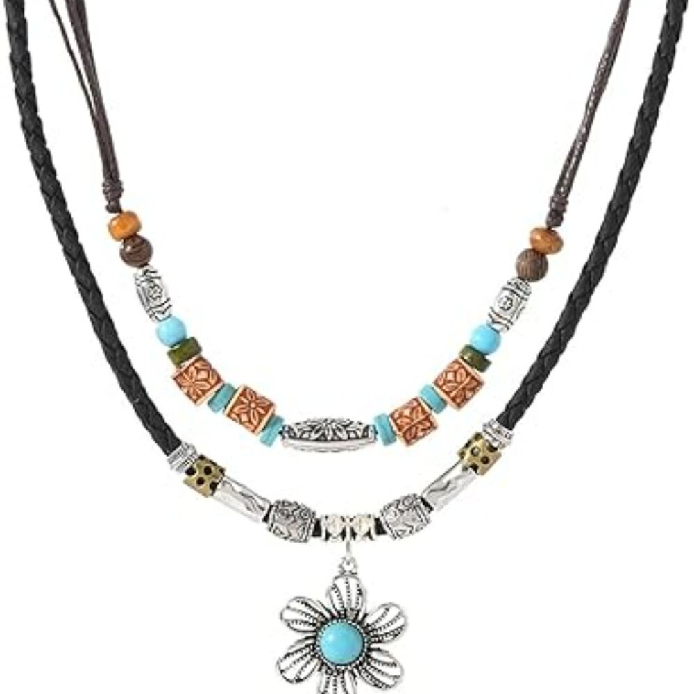 Boho Layered Leather Necklace Floral Medallion Multi Colored Trendy Bohemian